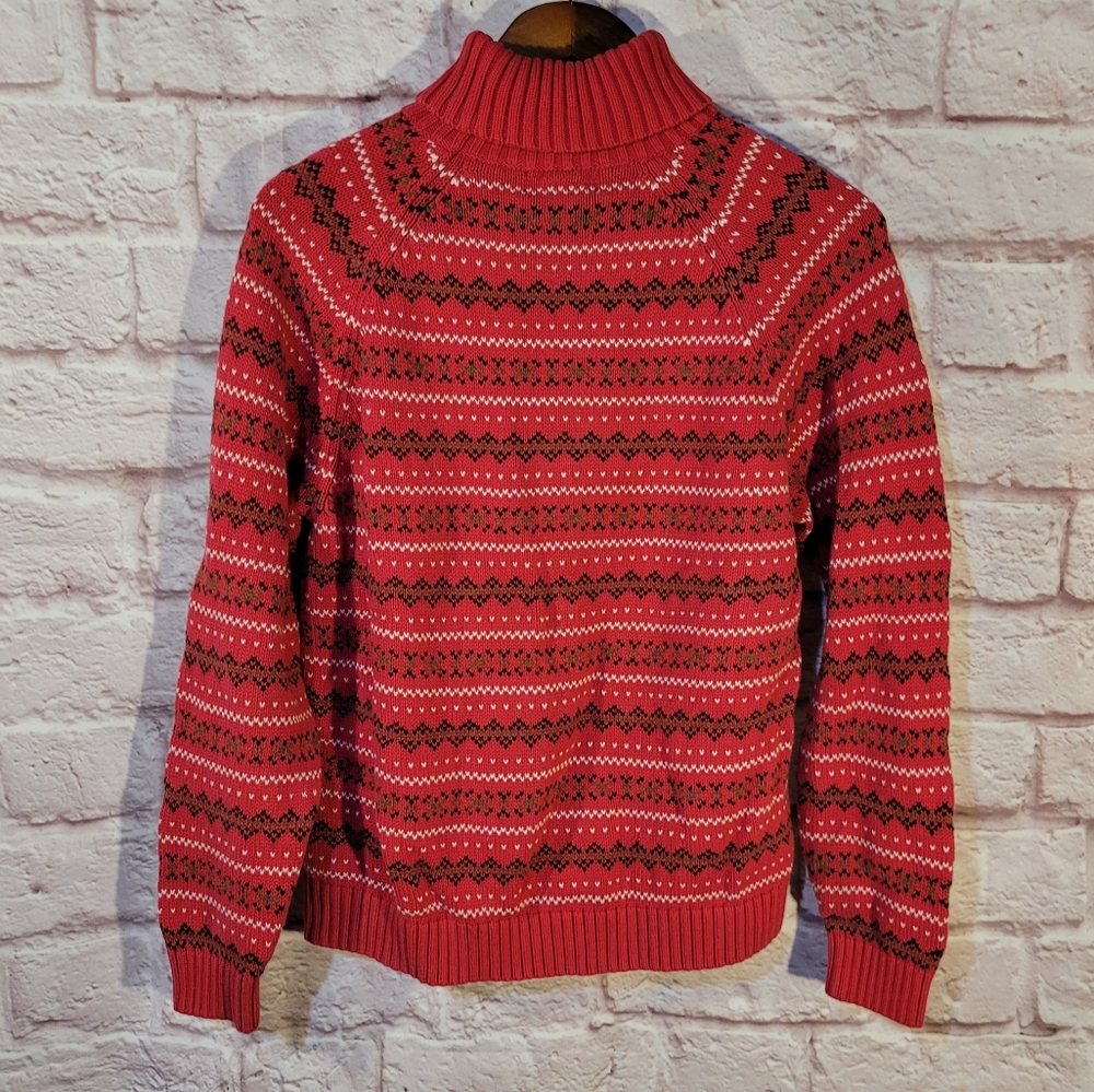 Lands’ End Red Fair Isle Striped Turtleneck Cotton Pullover Sweater
